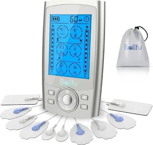 Belifu Dual Channel TENS EMS Unit 24 Modes Muscle Stimulator for Pain Silver 