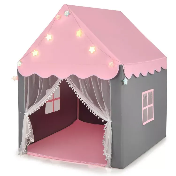 Toddlers Playhouse Playroom Tent 2 Mesh Windows W/ Star Lights &amp; Soft Cotton Mat