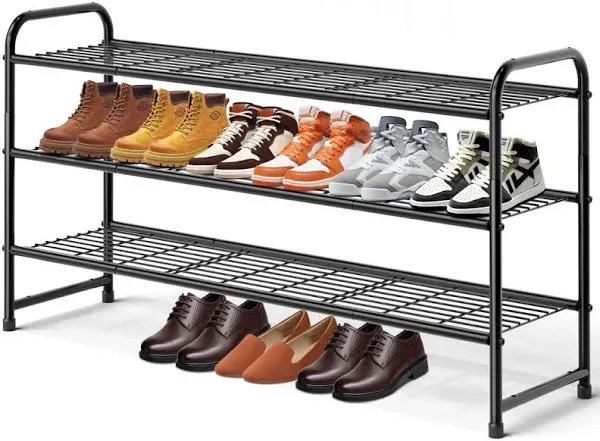 KEETDY 3-Tier Long Shoe Rack for Closet Metal Shoe Organizer for Entryway, Wide Stackable Shoe Storage Shelf with Sturdy Wire Grid for Closet Floor, Bedroom, Black