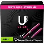 U By Kotex Click Compact Tampons, Unscented, Plastic Applicator, Super - 32 tampons