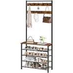 HOOBRO Hall Tree, Coat Rack with Shoe Rack, Hall Tree with Bench, 5 Tier Shoe Storage Organizer with 9 Hooks for Entryway, Closet, Sturdy, Industrial, Rustic Brown and Black BF80MT01G2