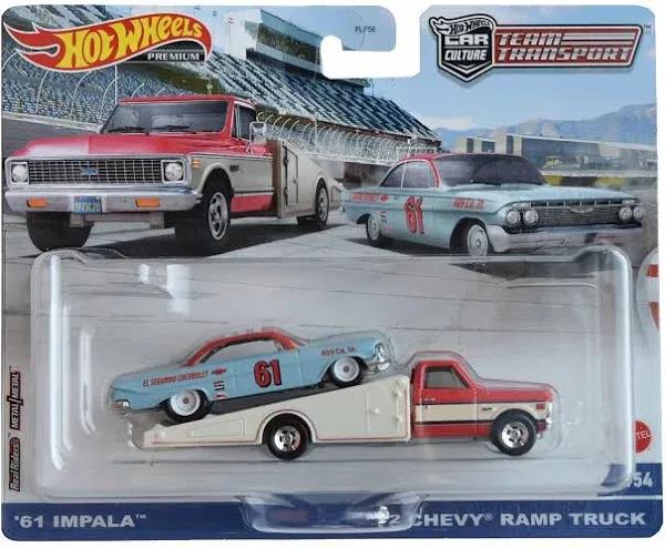 HOT WHEELS TEAM TRANSPORTER 61 IMPALA 72 CHEVY RAMP TRUCK REAL RIDERS 1:64