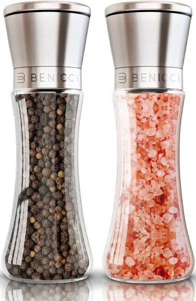 Premium Salt and Pepper Grinder Set of 2 - Two Refillable Stainless Steel Sea Salt & Spice Shakers with Adjustable Coarse Mills - Easy Clean Ceramic