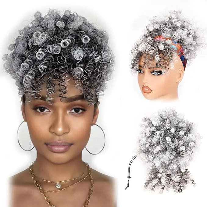 Drawstring Ponytail for Black Women, Afro Puff Kinky Curly Hair Ponytail Extension with Bangs Grey Updo Natural Hair Ponytail (GREY)