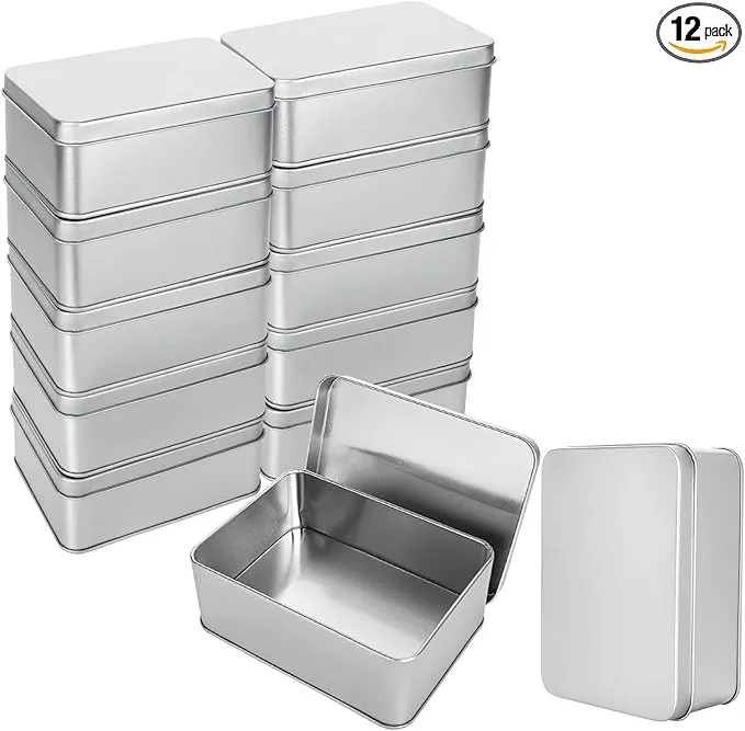 CYEAH 12 Pack Metal Tin Box Lids, Rectangular Empty Tin Box Containers, Portable Storage Metal Tin Container for Treats, Gifts, Small Items, Favors and Crafts, 5x3.5x2 Inch