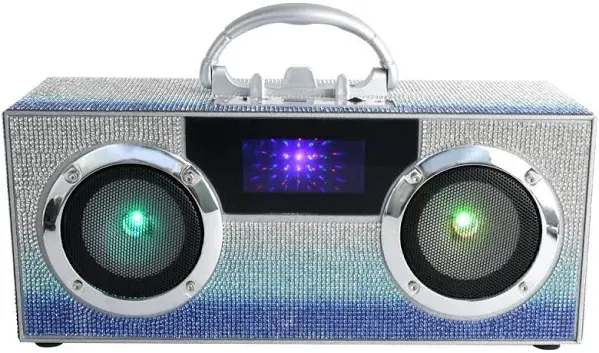 Mini Boombox with LED Speakers – Retro Bluetooth Speaker w/Enhanced FM Radio - Perfect for Home and Outdoor (Blue Bling)