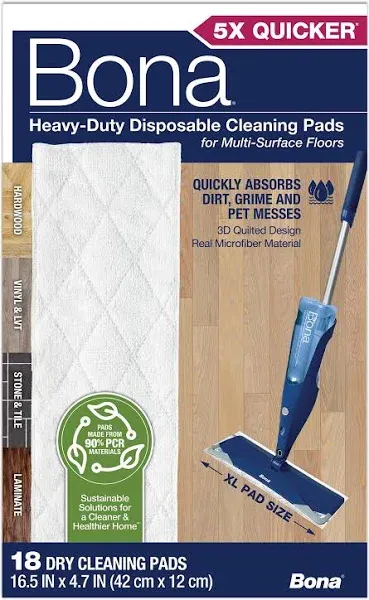 Bona Multi-Surface Floor Cleaning Pads - 18 Refills - Heavy-Duty, Disposable, Microfiber Pads for Easy Floor Cleaning