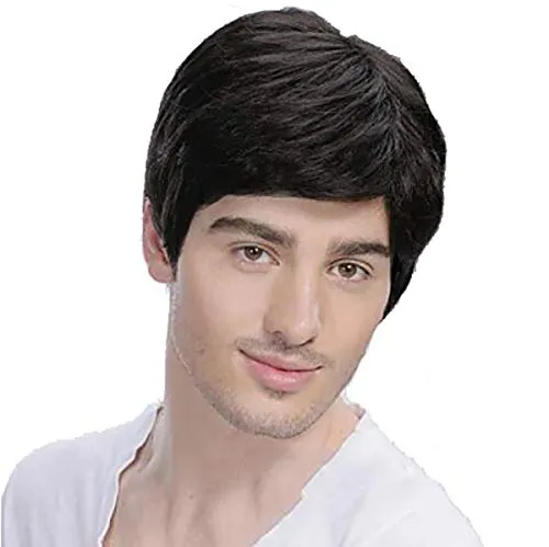 Mens Short Black Wig Natural Hair Replacement Synthetic Costume Halloween Hai...