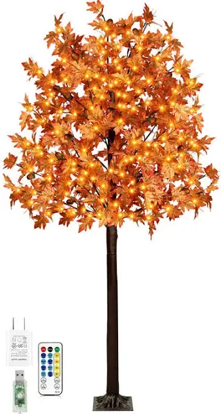 7FT 170 LED Lighted Maple Tree - Thanksgiving Decor Artificial Fall Tree with 17 Branches, 17 Acorns 340 Leaves, Remote 8 Flashing Modes, Timing, DC 5V Safe for Outdoor Wedding Party Autumn Decor…