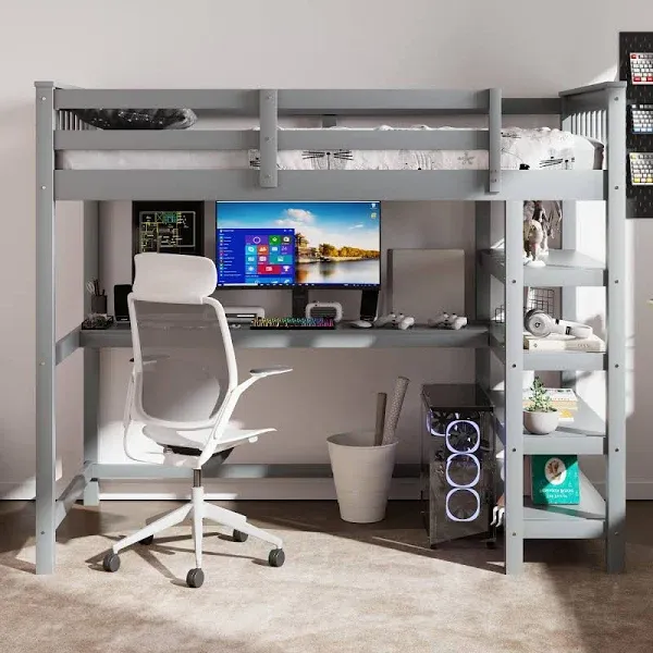 Merax Loft Bed with Storage Shelves and Under-bed Desk