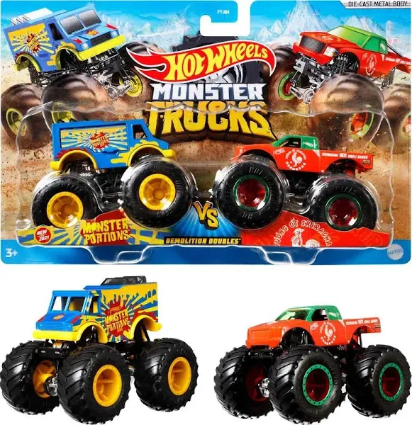 Hot Wheels 1:64 2-Pak 2018 Demo Doubles; Hotweiler vs Hound Hauler Monster Truck