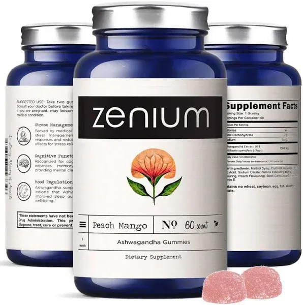 Zenium Ashwagandha 3,000mgs Gummy | Extra Strength | KSM-77+ High Potency, 10% Withanolide | Delicious Peach Mango | 60 Count | Ayurvedic Supplement | Vegan, Non-GMO, Gluten-Free & Gelatin-Free