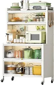 CuisinSmart Bakers Rack for Kitchens 5 Tier Microwave Stand With Storage Microwave Cart Coffee Bar Cabinet With Flap Door Vintage Kitchen Utility Storage Shelf Large Coffee Bar Station White