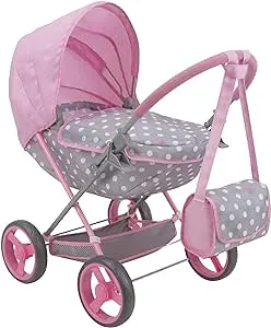 509 Crew: Cotton Candy Pink: Doll Deluxe Pram - Pink, Grey, Polka Dot - W/Matching Handbag, for Dolls Up to 18'', Removable Bassinet, Kids Ages 3+