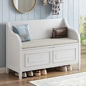 NicBex Storage Bench Traditional Upholstered Bench with Removable Cushion Entryway Bench with Storage Shoe Bench with Safety Hinge for Entryway, Living Room, Hallway, White