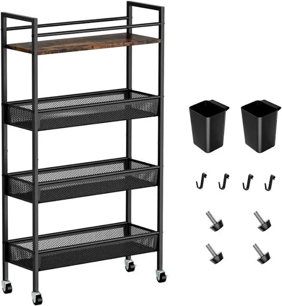 Slim Storage Cart 4 Tier Kitchen Rolling Utility Cart Narrow Unit Slide Out Cart