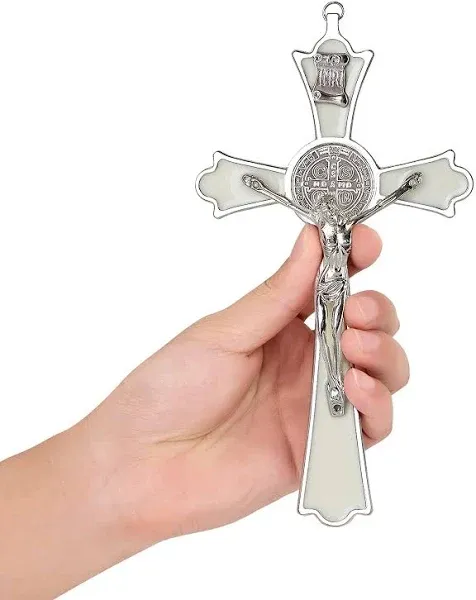  Saint Benedict Enamel Crucifix - Crucifix Wall Cross Metal 8- Inch Cream White