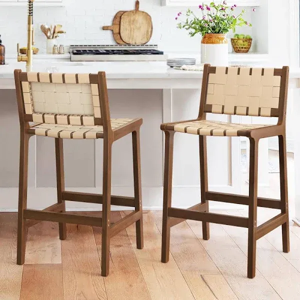 LUE BONA Counter Height Bar Stools 24inch, Set of 2 Faux Leather Woven Counter Stool with Backs, Woven Strips Rattan Barstools with Wood Legs for Dining Room Home Kitchen, Deep Beige-Brown