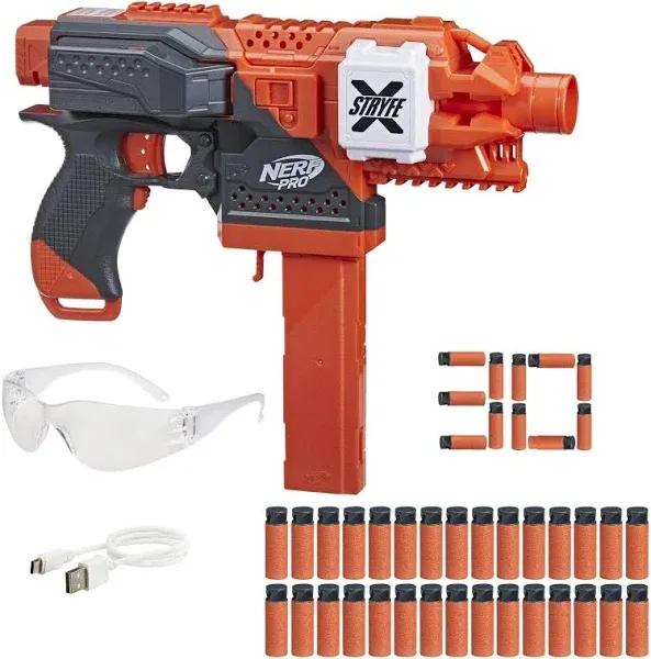 NERF Pro Stryfe X Dart Semi-Auto Blaster, Rechargeable LiPo Battery, 30 AccuStrike Half-Length Darts, 15-Dart Magazine, 150 FPS, Eyewear, 14+ (Amazon Exclusive)