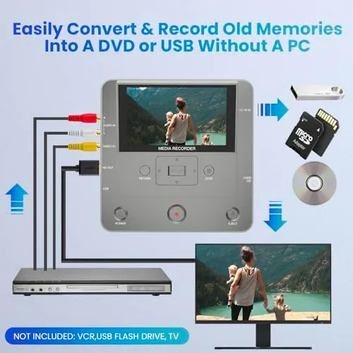 VHS to Digital Converter, DVD Recorder for TV Recording, VCR/Camcorder/RCA to USB Device/SD Card/HDD, Smart Phone WiFi to DVD/USB/SD/HDD Copy, Free APP Media Burner【AV Cable & 10 Pcs DVD-R Included】