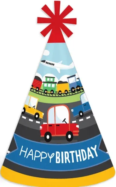 Big Dot of Happiness Cars, Trains, and Airplanes Cone Happy Birthday Party Hats