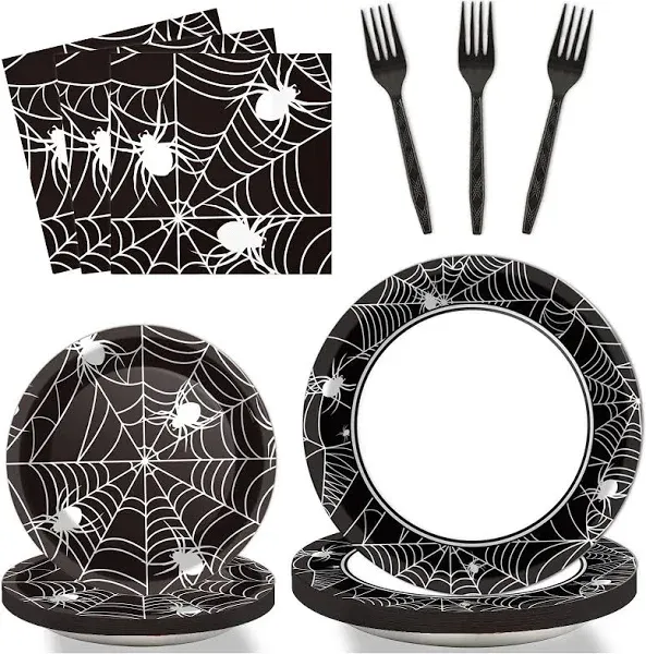 96 Pcs Halloween Party Paper Plates Napkins Supplies Set Spider Web Disposable Tableware Decorations Get Together Celebration Halloween Birthday Party Favors for 24 Guests