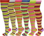 SUMONA 6 Pairs Pack Women Multi Neon Color Fancy Design Thigh High Over the Knee Socks Stockings