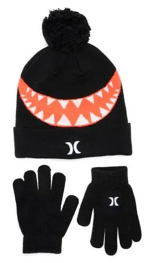 NEW Boys 8-20 Hurley Sharkbait Pom Beanie Hat & Gloves Set