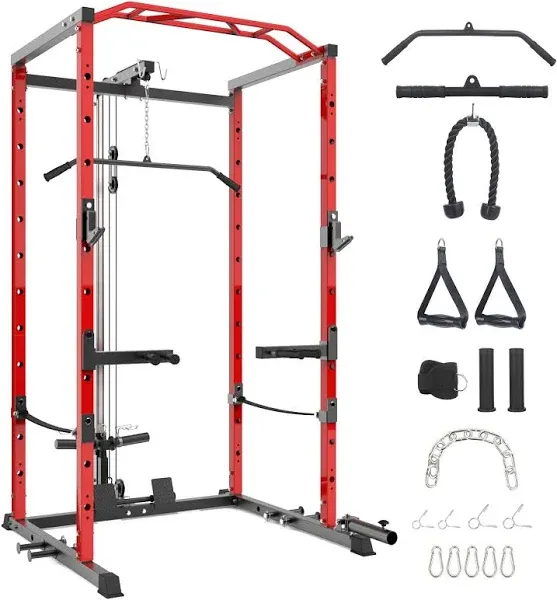 Power Cage with LAT Pulldown, Multi-Functional Power Rack with Cable Pulley System and J-Hooks, Squat Rack with Dip Bars and Landmine Attachment, Weight Cage for Home Gym Equipment…