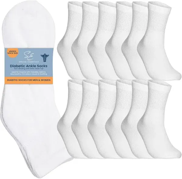 Special Essentials 12 Pairs Cotton Diabetic Ankle Socks - Non-Binding With Extra Wide Top For Men and Women