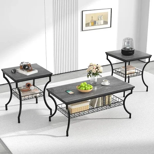  3 Pieces Living Room Sets Coffee and End Tables with Open Storage Dark Grey