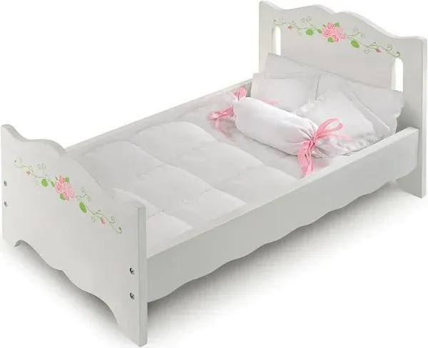 Toy Doll Bed with White Bedding and Personalizatio<wbr/>n Kit for 20 inch Dolls - W...