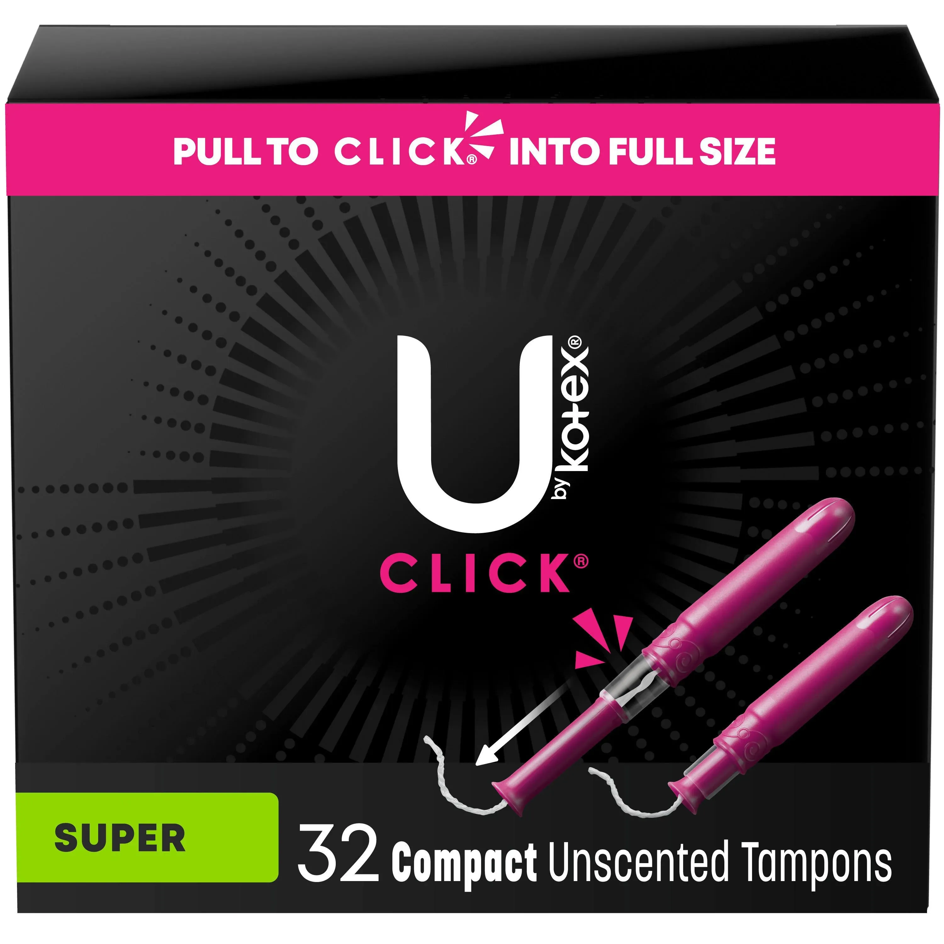 U By Kotex Click Compact Tampons, Unscented, Plastic Applicator, Super - 32 tampons