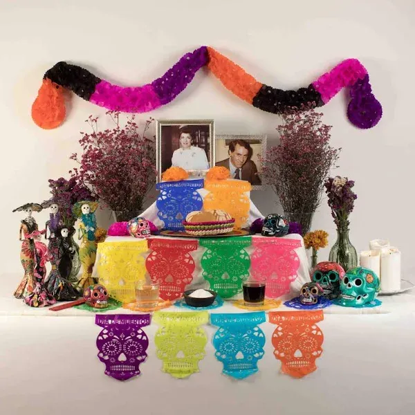 El Dia de Los Muertos Classic Decor KIT. With a 4.5" Hand-painted ceramic Skull. All You Need to Set-Up your Traditional Ofrenda or "Day of the Dead" Altar.