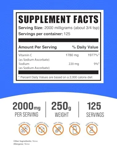 BulkSupplements.com Sodium Ascorbate Powder - for Immune Support, Sodium Ascorbate Vitamin C - Buffered Vitamin C, Gluten Free, 2000mg per Serving, 100g (3.5 oz) (Pack of 1)