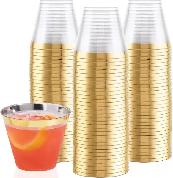  100 9oz Disposable Plastic Cups for Wine, 100 Count (Pack of 1) Gold Rim