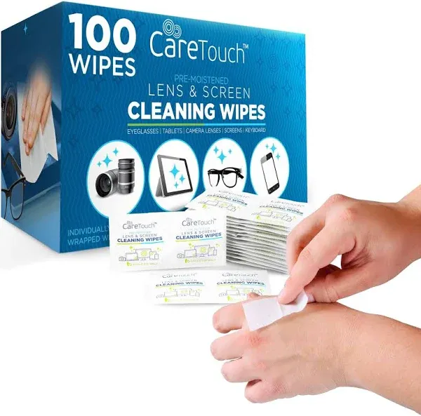 Care Touch Lens Wipes for Eyeglasses | Individually Wrapped Eye Glasses Wipes | 100 Pre Moistened Lens Cleaning Eyeglass