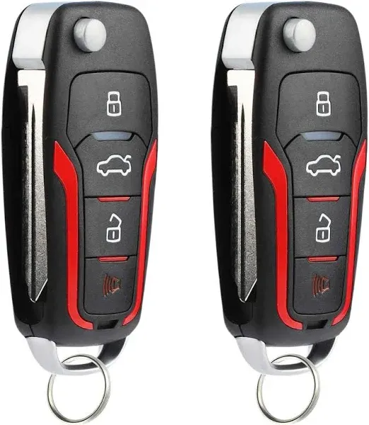 KeylessOption Key Fob Replacement for 2000 2001 2002 2003 2004 2005 2006 2007 2008 2009 2010 2011 2012 2013 2014 2015 2016 2017 2018 2019 Ford Lincoln Mercury Mazda Remote, 4-Button Flip - 2 Pack