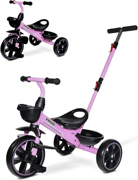 KRIDDO 2-in-1 Toddler Tricycle for Ages 18 Months to 5 Years Old - Extended Push Handle for Effortless Push, Gift Trike for Toddler 3 to 5 Year, Kids Tricycle with Foldable Front Footrest, Purple