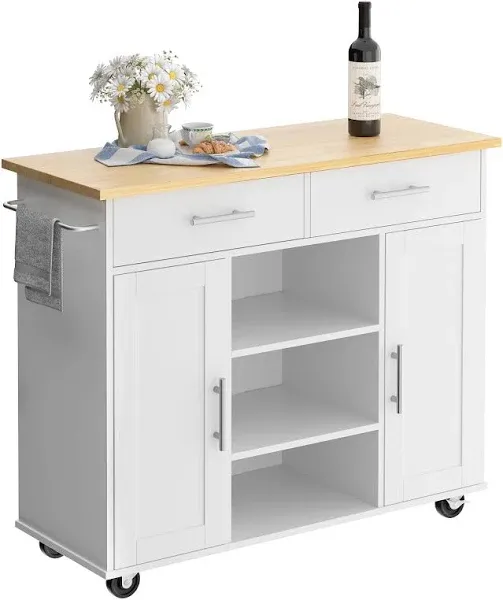 Shintenchi Kitchen Island with Storage, Kitchen Island Cart on Wheels with 3 Open Shelves, 2 Drawers and 2 Cabinets