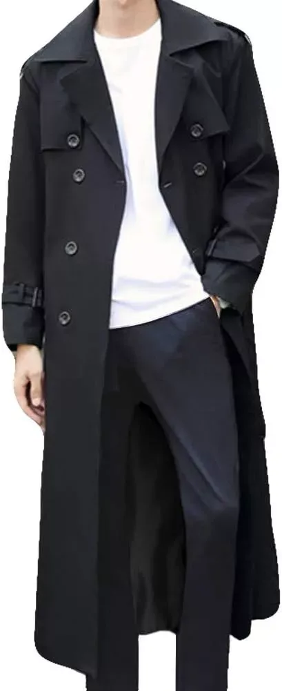 Pantete Man&#039;s Double Breasted Trench Coat Oversized Casual windbreaker Black S