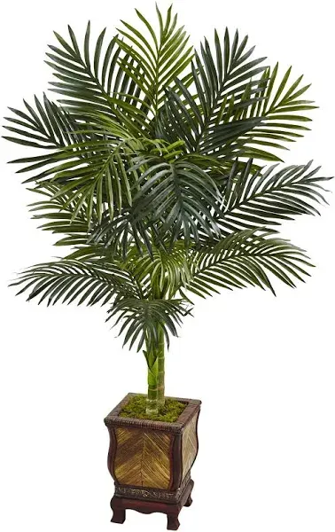 African Adventure 4.5Ft. Golden Cane Palm Artificial Tree in Wooden Decorated Planter