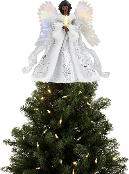 Fiber Optic Tree Topper African American Angel Christmas Decoration, White