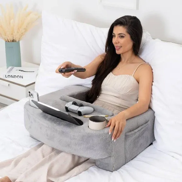 Reading Pillow for Gaming – Extra Large Lap Desk & Arm Rest with Cup & Phone Holder, Adjustable Heights, Laptop Support, Large Pockets – Comfortable for Work, Gaming & Crocheting (Furry Grey)