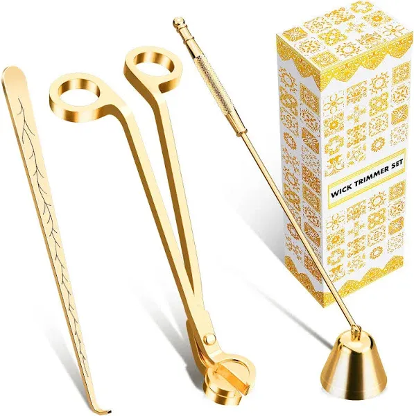 calary Candle Wick Trimmer, Candle Snuffer and Wick Dipper & Candle Accessory Set, 3 in 1 Candle Care Kit for Candle Lover (Gold)