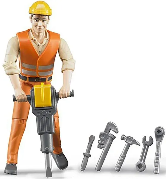 BRUDER - Articulated worker character equipped with a stinging hammer and various...