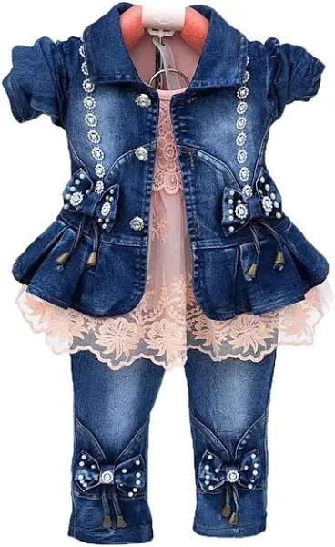 Peacolate Spring Autumn Little Girls Clothing Set 3pcs Long Sleeve T-Shirt Denim Jacket and Jeans