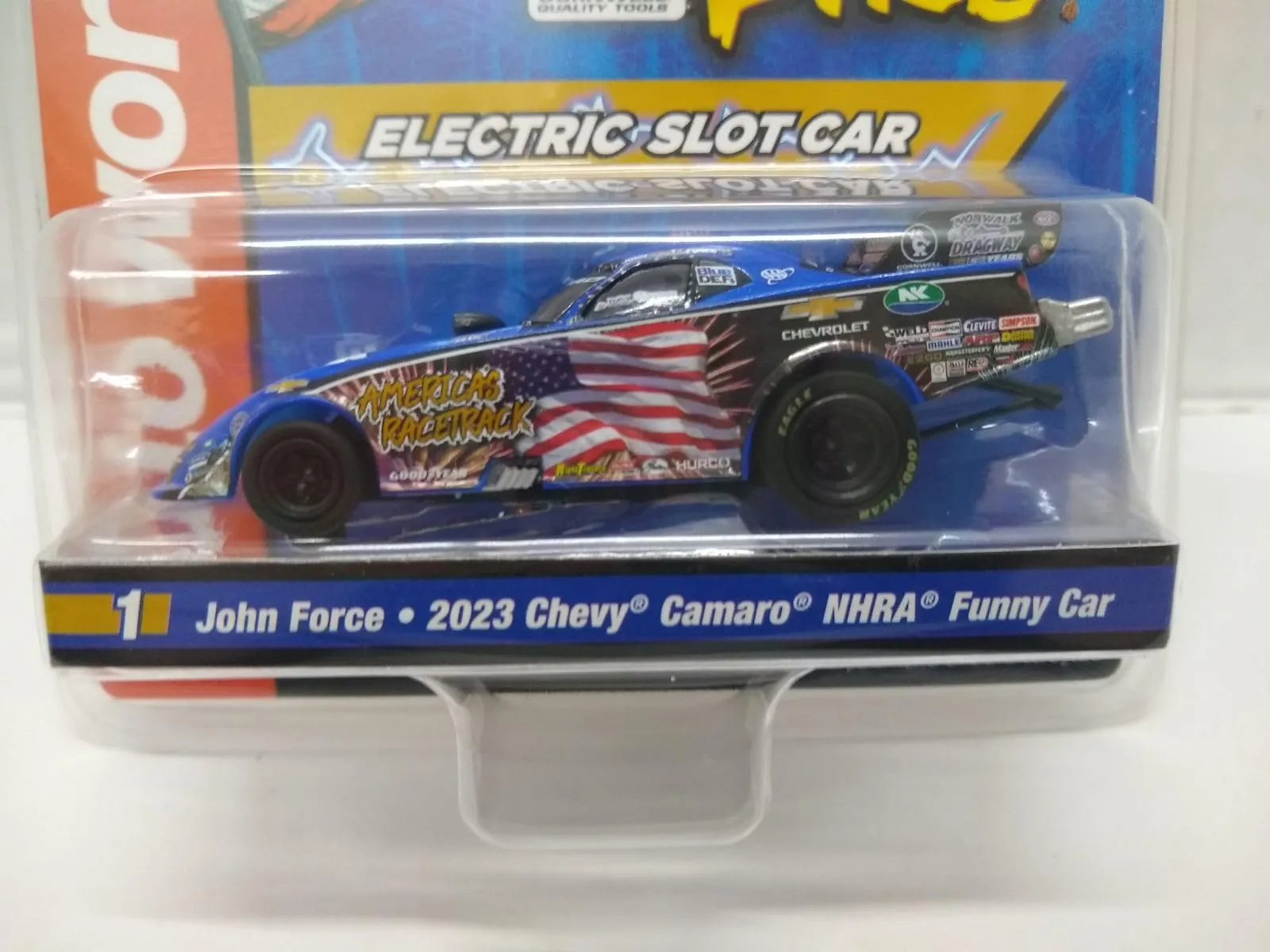 Auto World 4Gear John Force Night Under Fire 2023 Chevy Camaro Funny HO Slot Car