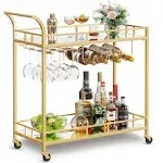 VASAGLE Bar Cart Gold, Home Bar Serving Cart, Wine Cart with 2 Mirrored Shelves,