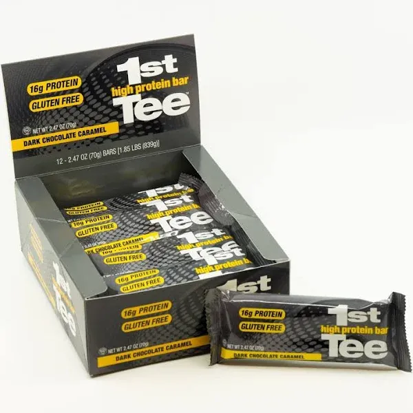 1st Tee High Protein Bar 12 Pack Golf Protein Energy Bars | High Protein and Delicious Dark Chocolate Caramel Flavor | Gluten Free Snack Bar| Including 16 grams of Protein and 3 grams of Sugar